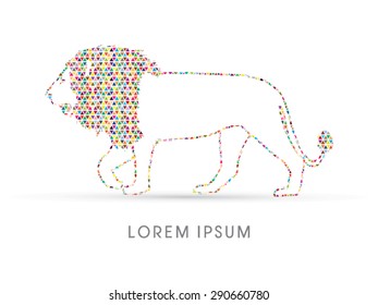 Lion side view, designed using colorful triangle mosaic, graphic vector.