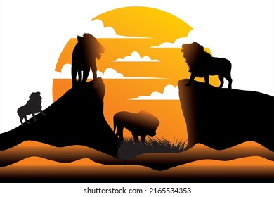 Lion silhouette. The king of the jungle with a sunset background in the wild life