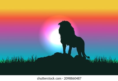 Lion silhouette on rainbow landscape background illustration. Vector graphic eps 10.
