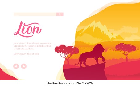 Löwensilhouette auf Savanne Hintergrund bei Sonnenuntergang. Große Katze steht auf der Klippe. Afrikanische Landschaft mit Bäumen, Berge. Vektordesign der Webseite, Poster für Biologie, Ökologie, Safari-Projekte für Touristen.