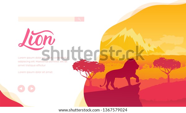 日没の間 サバンナの背景にライオンのシルエット 大きな猫が崖の上に立つ アフリカの風景と木 山 ウェブページのベクター画像デザイン 生物学 エコロジー 観光サファリプロジェクトのポスター のベクター画像素材 ロイヤリティフリー