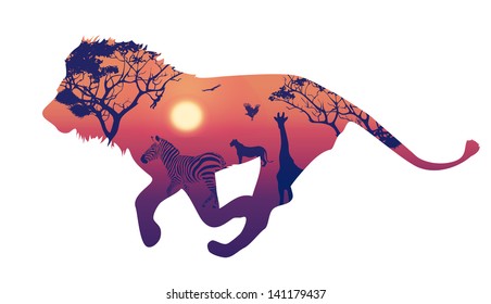 lion silhouette on a white background. Landscape with sunset and savannah animals, vector illustration