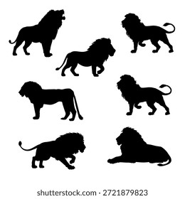 Conjunto de silueta de león que muestra poses poderosas, caminando, descansando y rugiendo. Adecuado para la marca de vida silvestre, temas de safari, logotipos, tatuajes y Diseño gráfico.
