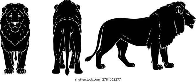 Lion silhouette set with front back side wildlife animal perspectives