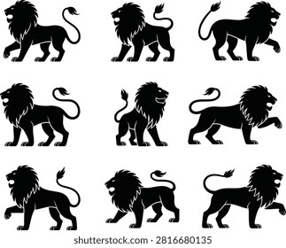 Lion silhouette set, heraldic lion poses, black lion vector, animal stance clipart, majestic beast graphic, feline motion design