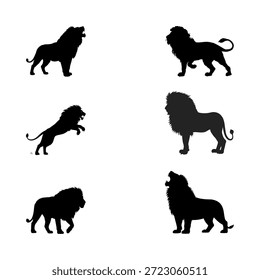 Conjunto de siluetas de león Ilustraciones vectoriales rugir, caminar, sentarse y saltar Poses de león sobre fondo blanco. 
