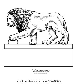 Lion silhouette St. Petersburg landmark Russia, Vector hand drawn engraved illustration, ink sketch isolated on white, decorative sculpture wild animal, Historical line art for touristic postcard