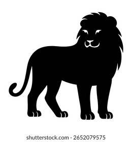 The lion silhouette stands tall and proud. The lion is facing front and looking ahead. The lion’s eyes look strong and brave. The lion’s mane is big and full. The lion’s body is bold and powerful.