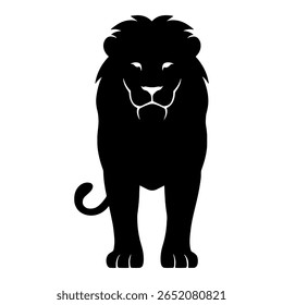 The lion silhouette stands tall and proud. The lion is facing front and looking ahead. The lion’s eyes look strong and brave. The lion’s mane