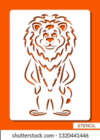 Lion silhouette. Stencil for children. White object on orange background. Сartoon zoo character. Template for laser cutting, wood carving, paper cut and printing. Vector illustration.