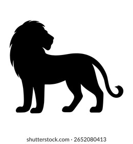 The lion silhouette is strong and bold. The lion is standing still. It looks backward with its head turned. The lion’s mane is thick and wide. The lion’s tail hangs down relaxed. This lion