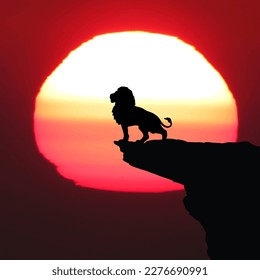 Lion silhouette at sunset art vector, lion vector, a majestic pose of a Lion.