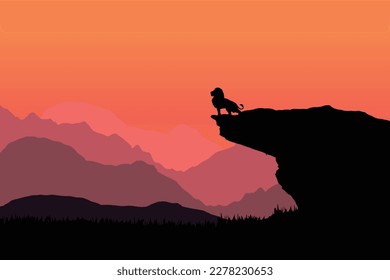 Löwensilhouette bei Sonnenuntergang, Löwenvektor, eine majestätische Pose eines Löwen. Löwe auf einem hohen Felsen vor dem Hintergrund des Dschungels.