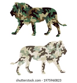 Lion Silhouette Vector Illustration. Military Camouflage Lion Isolated On White Background
