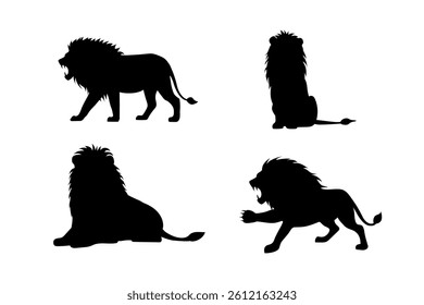 Lion silhouette vector set featuring walking, sitting, lying, and fighting poses, hand drawing.