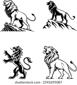 Lion Silhouette Vector Set - Majestic Roaring and Standing Poses