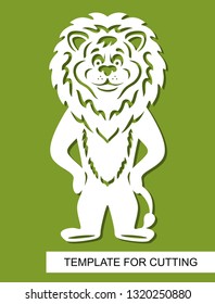 Lion silhouette. White cartoon character on a green background. Template for laser cutting, wood carving, paper cut or printing. Vector illustration.