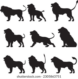 Lion silhouettes black white illustration vector design set