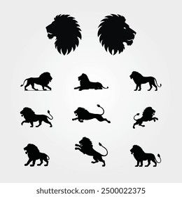 Lion Silhouettes set vector black, animal male lion silhouette