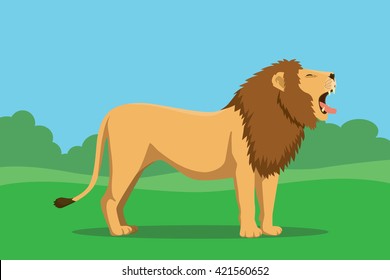 lion single isolated with tree and bush background vector graphic illustration vector graphic illustration