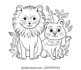 Un león se sienta con la adorable página de color del gato. Una línea de arte de boceto de boceto animal vector.