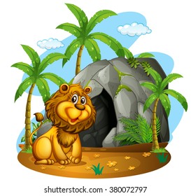 Lion sits in front of cave illustration