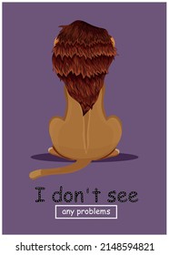 The lion sits on its back. Lilac background. Vector stock illustration. Cartoon. funny postcard