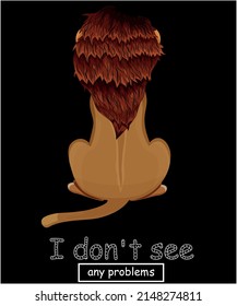 El león se sienta en la espalda. Ilustración de material vectorial. Afiche gracioso. Caricatura. Tarjeta. Fondo negro
