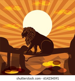 Lion sits on a stone bridge on a background of orange sun rays art abstract creative modern vector illustration flat style