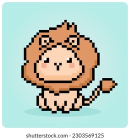 Lion is sitting in 8 bit pixel art. Animal for game asset and cross stitch pattern in vector illustration.