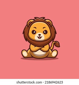 Lion Sitting Angry Cute Creative Kawaii Cartoon Mascot Logo