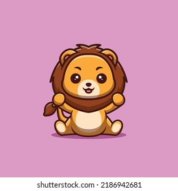 Lion Sitting Excited Cute Creative Kawaii Cartoon Mascot Logo
