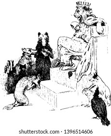 The lion is sitting and the fox bows down in front of him, other animals standing near fox, vintage line drawing or engraving illustration