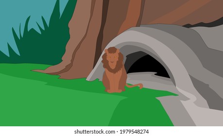 A lion is sitting in front of the cave - illustration