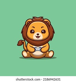 Lion Sitting Gaming Cute Creative Kawaii Cartoon Mascot Logo