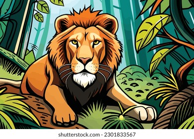 the lion was sitting in the middle of the forest, late afternoon.Vector art animal
