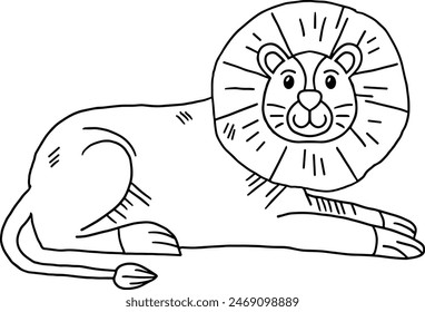 A lion is sitting on the ground with its head tilted to the side. The lion is wearing a collar and has a smile on its face