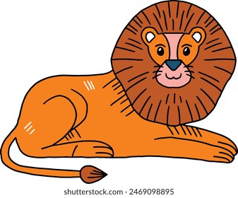 A lion is sitting on the ground with its head tilted to the side. The lion is wearing a collar and has a smile on its face