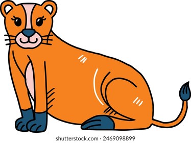 A lion is sitting on the ground with its head tilted to the side. The lion is wearing a collar and has a smile on its face