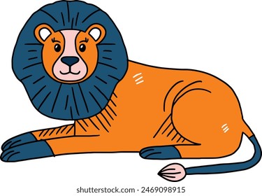 A lion is sitting on the ground with its head tilted to the side. The lion is wearing a collar and has a smile on its face