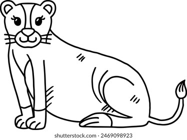 A lion is sitting on the ground with its head tilted to the side. The lion is wearing a collar and has a smile on its face