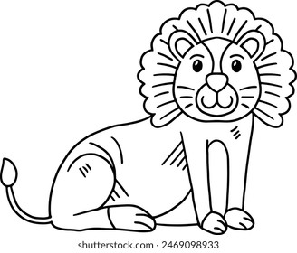 A lion is sitting on the ground with its head tilted to the side. The lion is wearing a collar and has a smile on its face