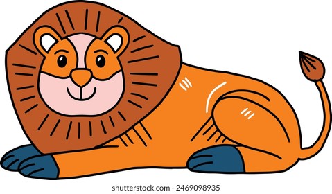 A lion is sitting on the ground with its head tilted to the side. The lion is wearing a collar and has a smile on its face