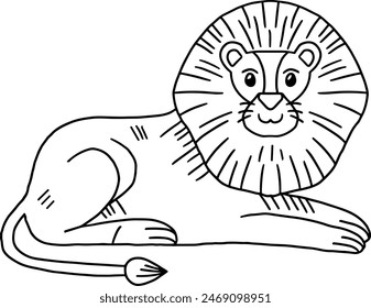 A lion is sitting on the ground with its head tilted to the side. The lion is wearing a collar and has a smile on its face
