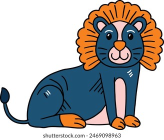 A lion is sitting on the ground with its head tilted to the side. The lion is wearing a collar and has a smile on its face