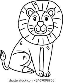 A lion is sitting on the ground with its head tilted to the side. The lion is wearing a collar and has a smile on its face