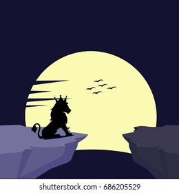 the lion is sitting on a rock and looking at the moon