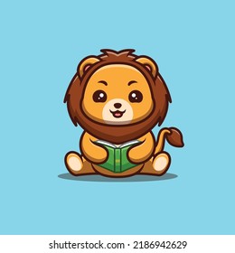 Lion Sitting Reading Book Cute Creative Kawaii Cartoon Mascot Logo
