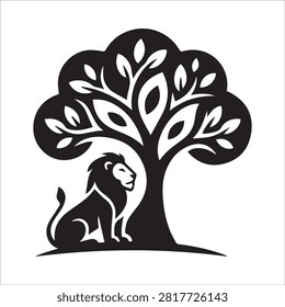 Lion sitting under tree silhouette icon with wildlife, silhouette