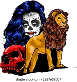 lion and skull   girl vector illustration white background  digital hand draw